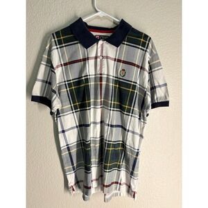 Chaps Ralph Lauren Polo Shirt Mens Large White‎ Green Plaid Crest Logo Cotton